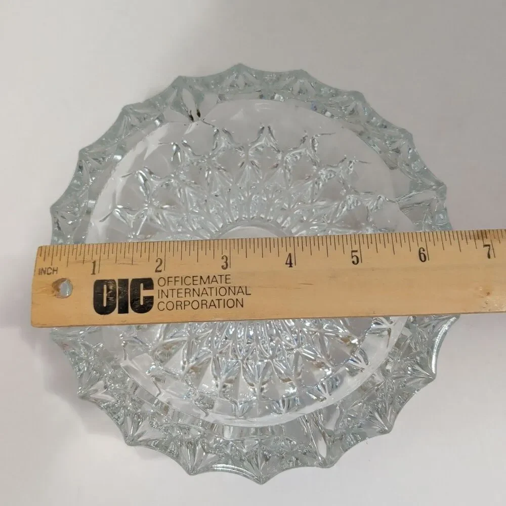​Vintage Clear Crystal Ashtray Heavy Diamond Cut Pattern Round Mid Century